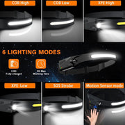 LED Sensor Head Lamp USB Rechargable Headlight Powerful Headlamp Waterproof Head Flashlight 6 Lighting Modes COB Work Light